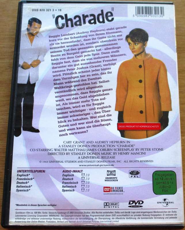 CHARADE Cary Grant Audrey Hepburn DVD [BBOX 8] Region 2