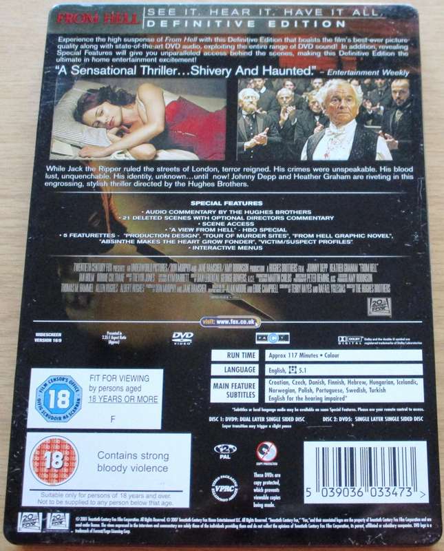 FROM HELL Johnny Depp Definitive Edition STEELBOOK2xDVD [BOX SET SHELF] Region 2