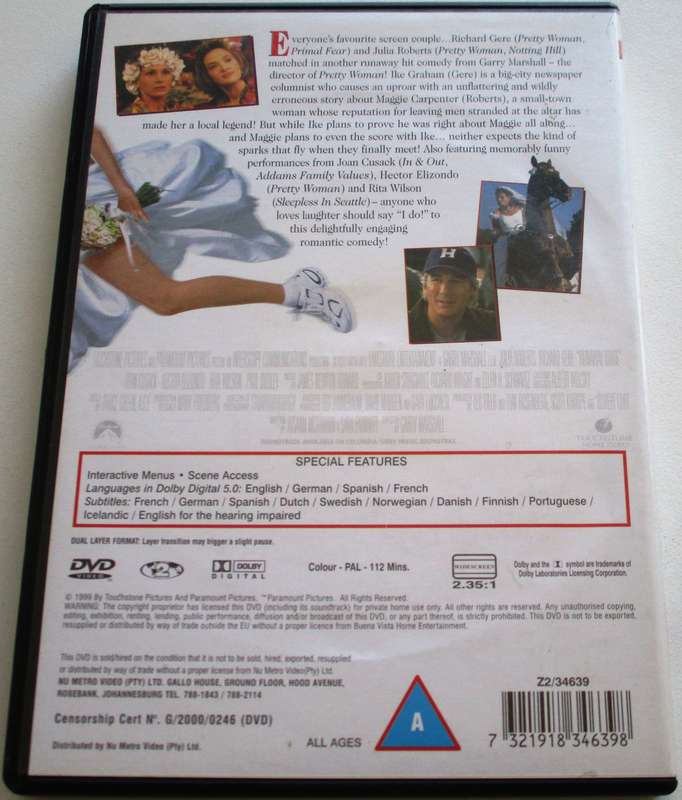 RUNAWAY BRIDE Julia Roberts Richard Gere DVD [BBOX 9]
