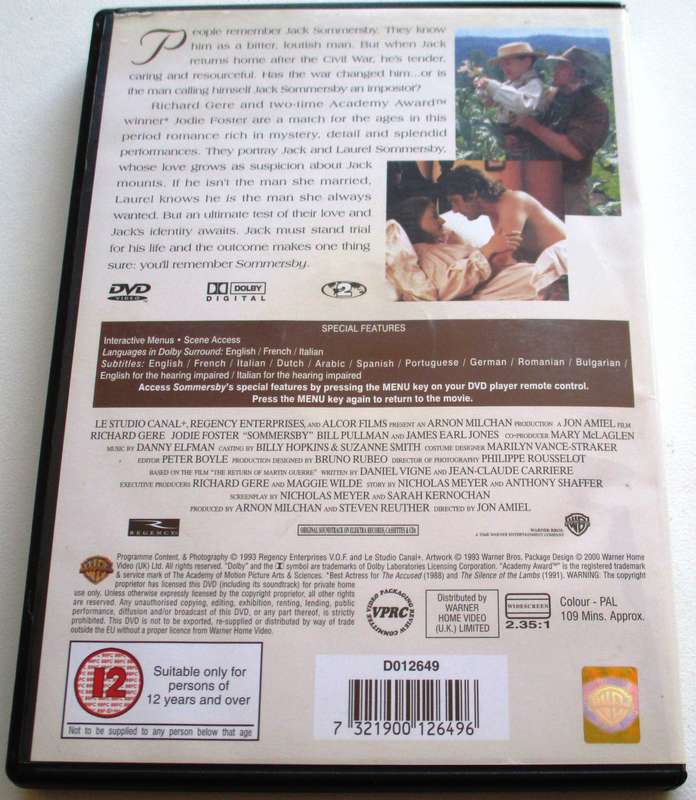 SOMMERSBY Richard Gere Jodie Foster DVD [BBOX 12]