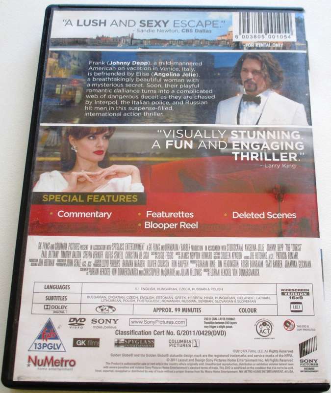 THE TOURIST Johnny Depp Angelina Jolie DVD [BBOX 14]