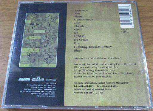 SARAH McLachlan Fumbling towards Ecstasy CD [Shelf G Box 5]