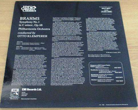 BRAHMS Symphony No.1 in C Minor OTTO KLEMPERER HMV Concert Classics LP VINYL Record