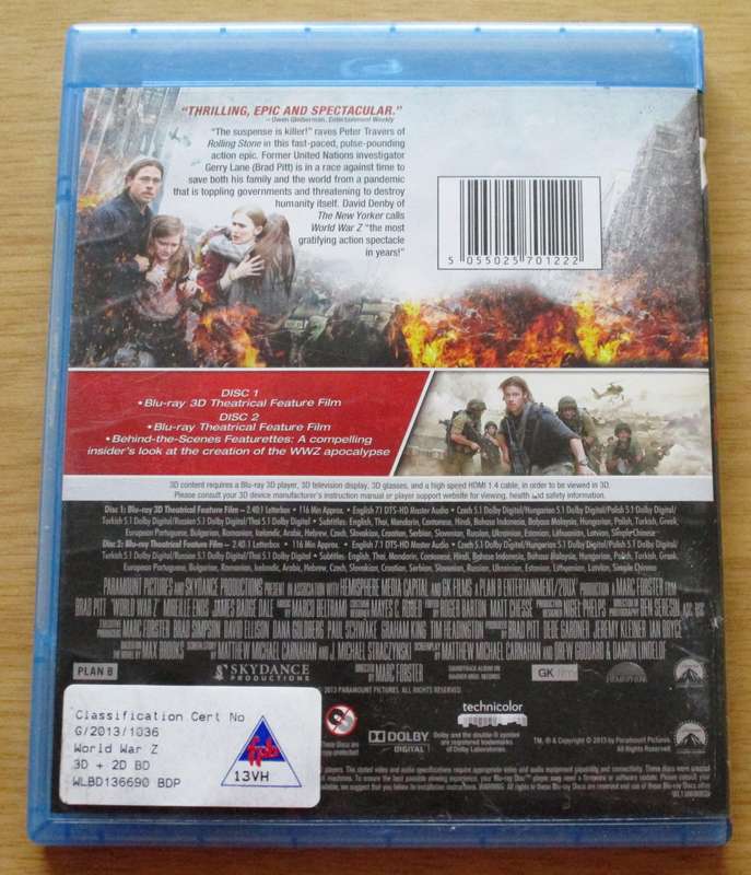 WORLD WAR Z Brad Pitt 3D BLU RAY + BLU RAY 3D [BLU RAY SHELF]