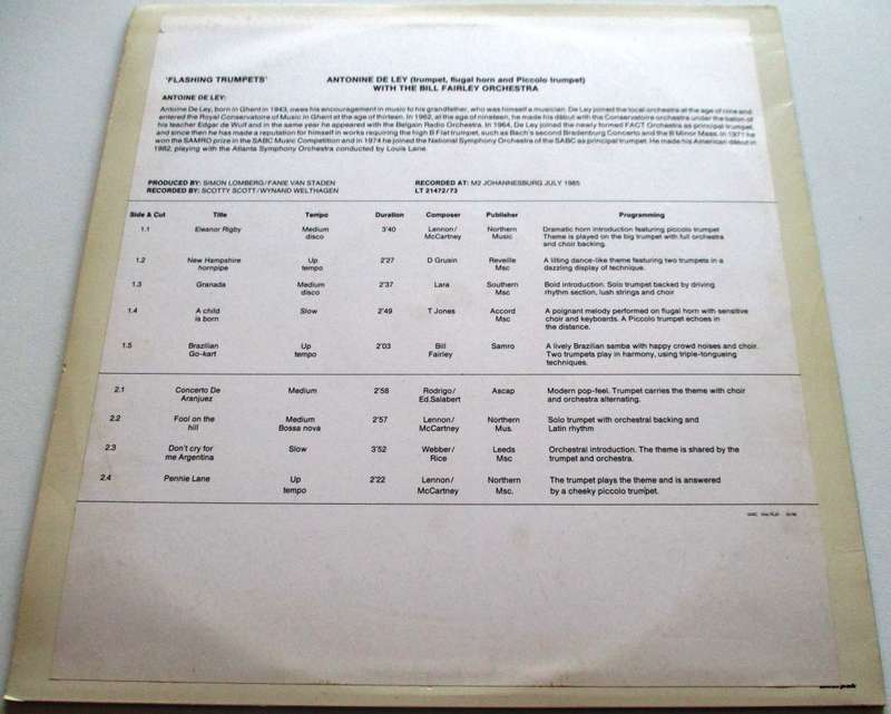 SABC Transcription Service Antonine De Ley +Bill Fairley Orchestra Flashing Trumpets LP VINYL Record