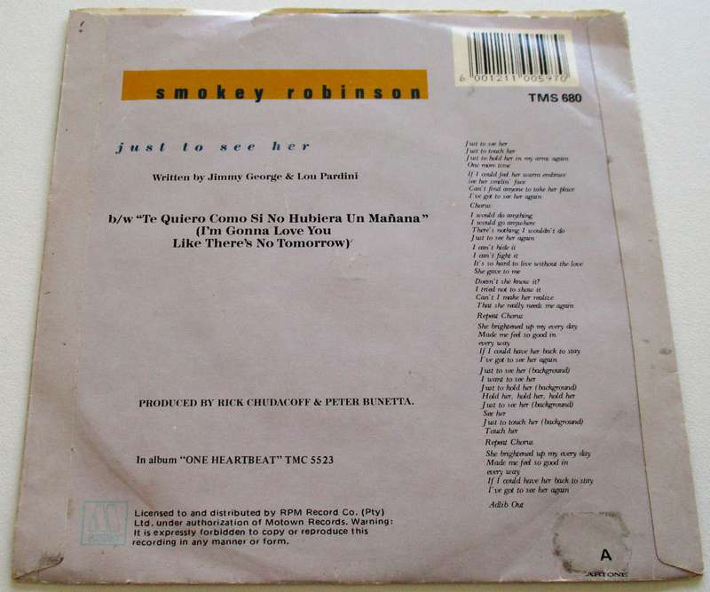 SMOKEY ROBINSON Just to See Her  7` Single VINYL Record