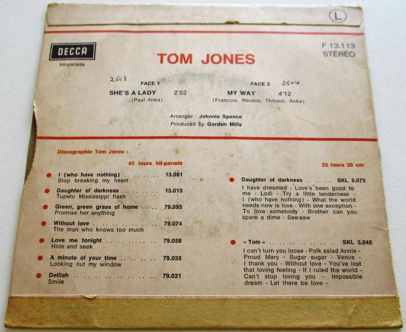 TOM JONES  She's a Lady / My Way 7` Single VINYL Record