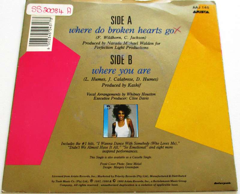 WHITNEY HOUSTON Where do broken Hearts Go  7` Single VINYL Record