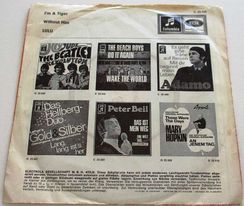 LULU I'm a Tiger / Without Him  7` Single VINYL Record