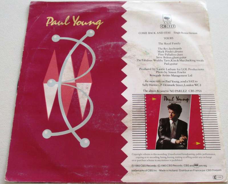 PAUL YOUNG Come Back and Stay 7` Single VINYL Record