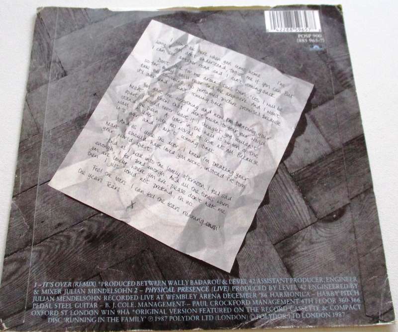 LEVEL 42 It's Over 7` Single VINYL Record