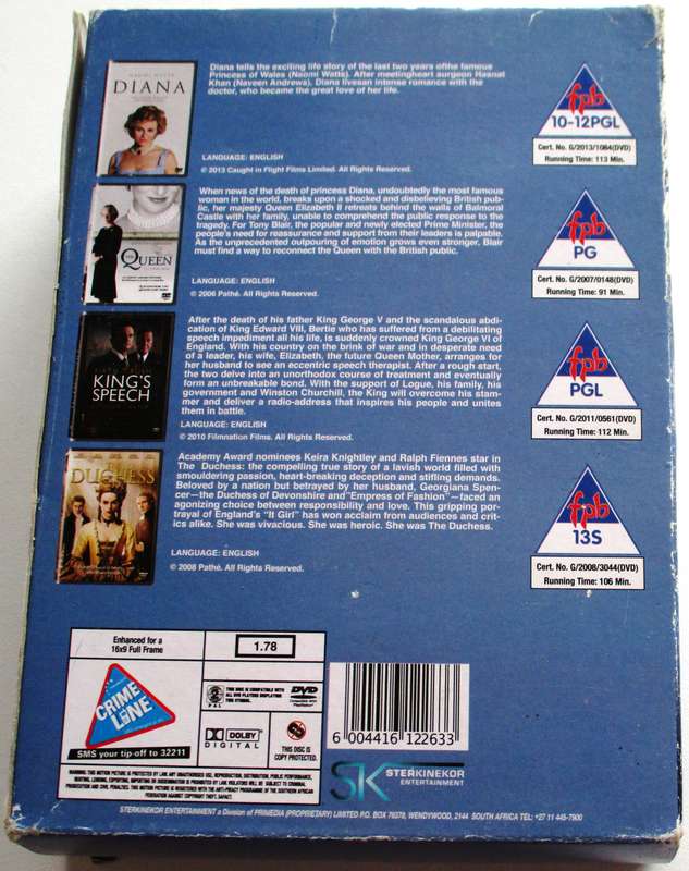 DIANA + THE QUEEN + THE KING'S SPEECH + THE DUCHESS  4xDVD BOX SET [Box Set shelf]