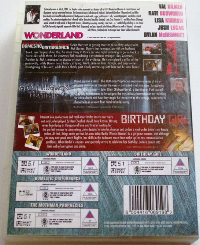 WONDERLAND + DOMESTIC VIOLENCE + THE MOTHMAN PROPHECIES + BIRTHDAY GIRL 4xDVD  [Box Set shelf]