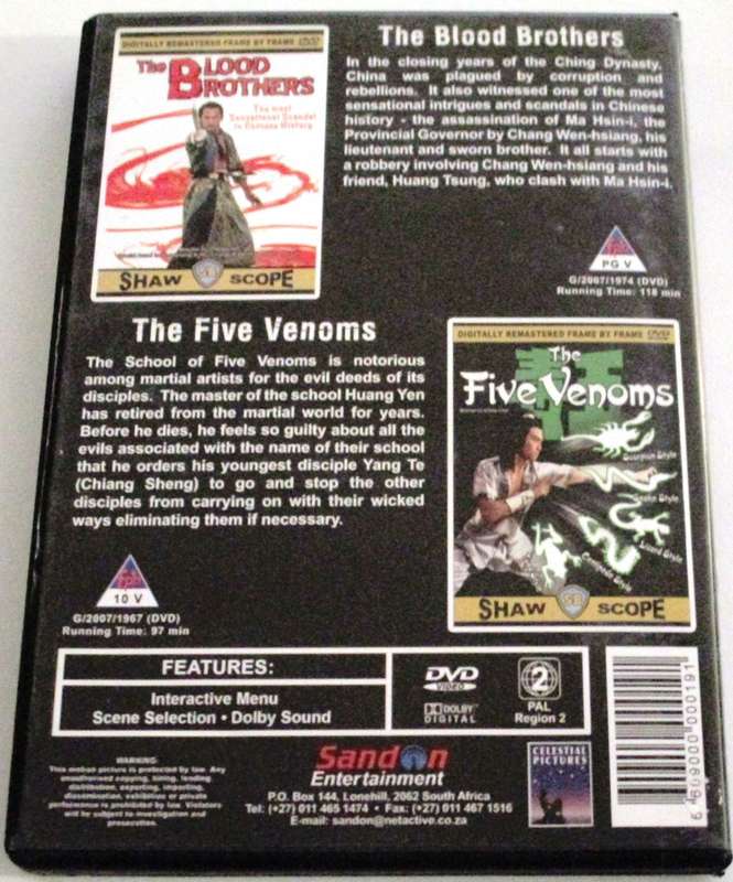 SHAW BROTHERS The Five Venoms + The Blood Brothers DVD Digitally Remastered [Box Set shelf]