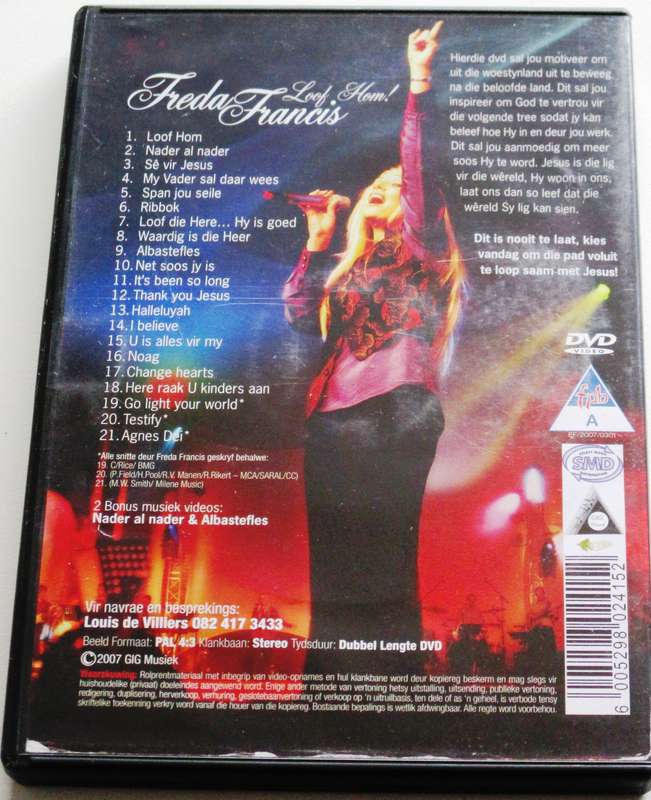 FREDA FRANCIS Loof Hom! met 21 Treffers DVD [SA Afrikaans shelf]