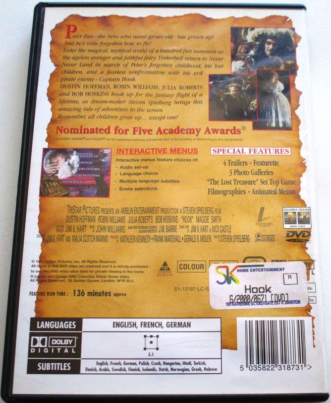 HOOK Dustin Hoffman Robin Williams DVD [BBOX 3]