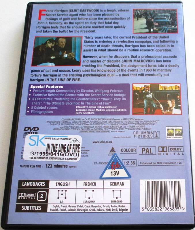 IN THE LINE OF FIRE Clint Eastwood DVD [BBOX 3]