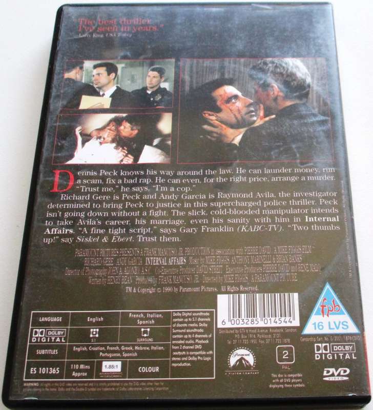 INTERNAL AFFAIRS Richard Gere DVD [BBOX 3]