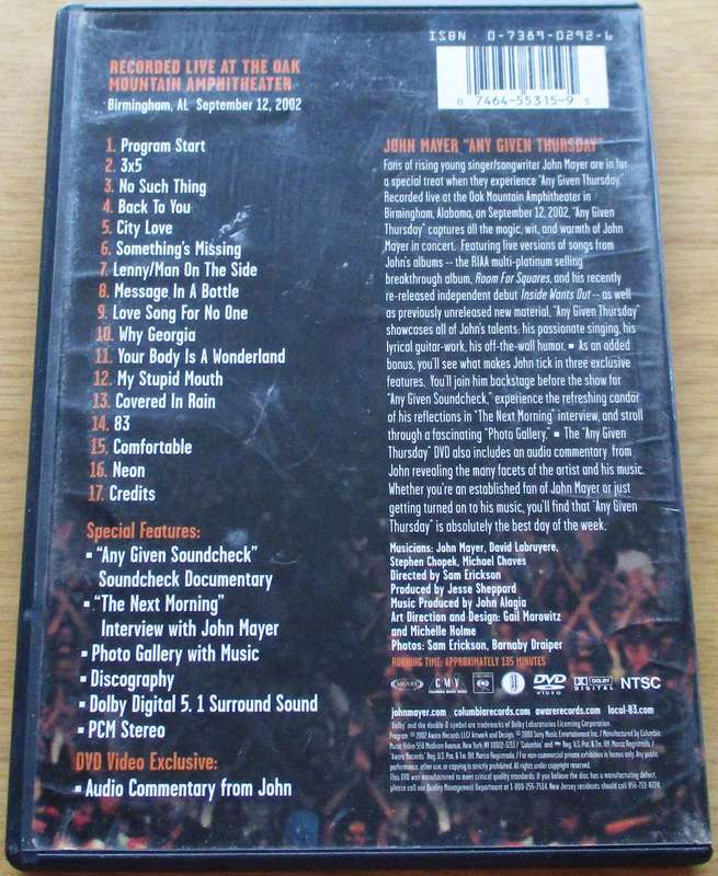 JOHN MAYER Any Given Thursday DVD