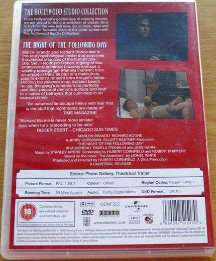 THE NIGHT OF THE FOLLOWING DAY Marlon Brando Richard Boone DVD  [BBOX 2]