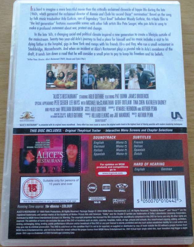 ALICE'S RESTAURANT Arlo Guthrie DVD [BBOX 6] Region 2