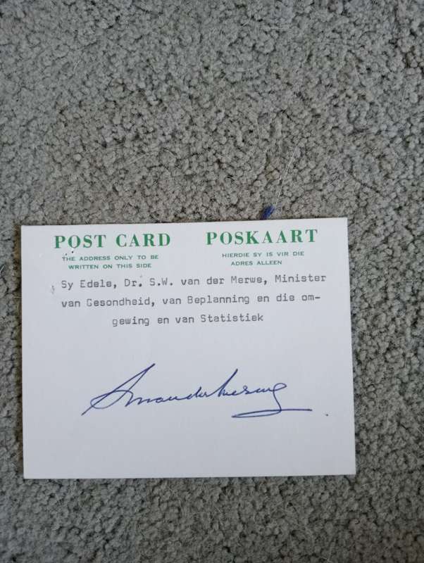 RSA-SCARCE OFFICIAL  POSTCARD SIGNED BY THE MINISTER OF HEALTH DR.S.W. VAN DER MERWE !!!!