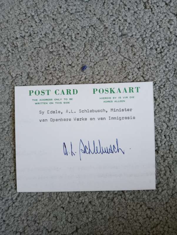 RSA-SCARCE OFFICIAL POSTCARD SIGNED BY THE MINISTER OF PUBLIC WORKS & ADMIN. A.L.SCHLEBUSCH