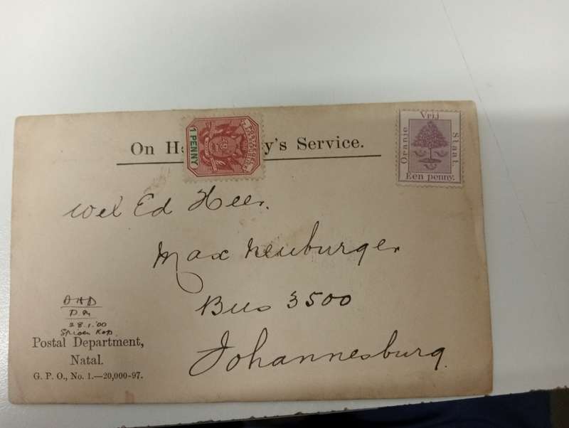 UNION   VERY SCARCE CARD WITH " SPIOEN KOP NOTE " SENT 1900 SEE BELOW