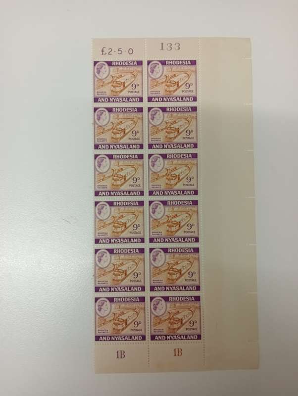 RHODESIA & NYASALAND VERY SCARCE LATER 9d PANE H.R. IN MARGIN  R1800.00+