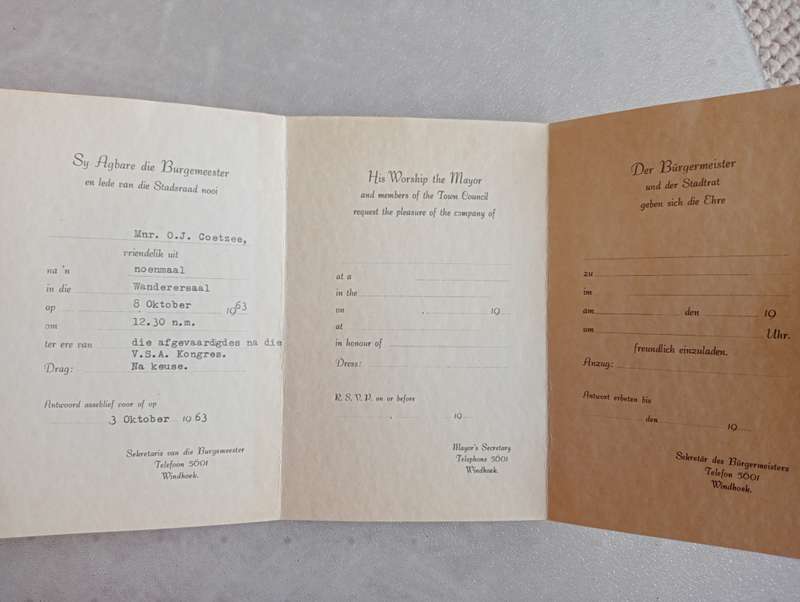 SWA-SCARCE 1963 INVITATION TO CONGRESS IN WINDHOEK !!