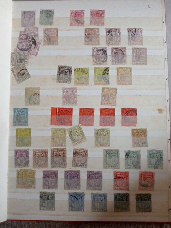 MAURITIUS AND SEYCHELLES IN A STOCK BOOK-MANY EARLY USEFUL,KGVI SEYCHELLES HAS TONING -CONDITION ISS