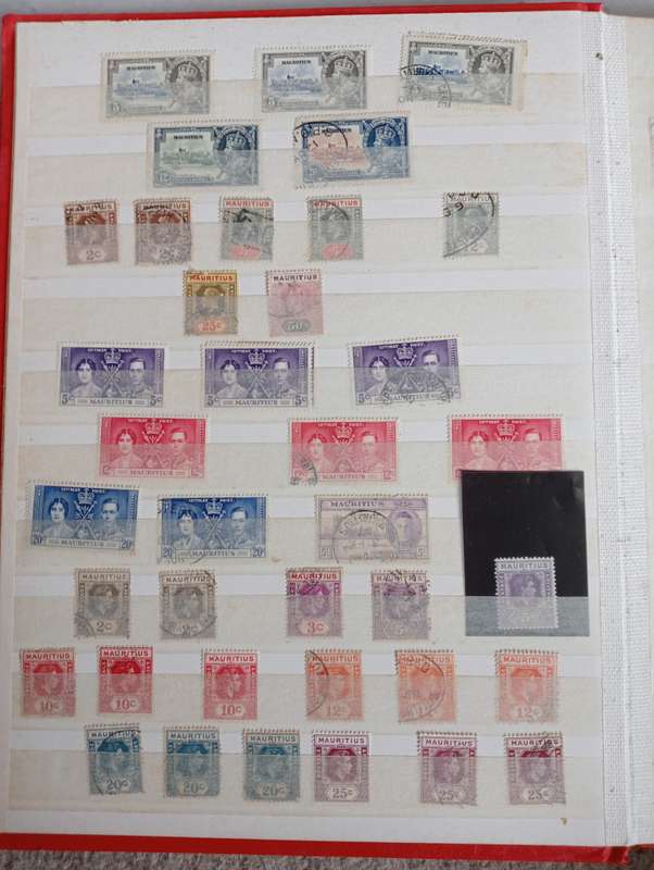 MAURITIUS AND SEYCHELLES IN A STOCK BOOK-MANY EARLY USEFUL,KGVI SEYCHELLES HAS TONING -CONDITION ISS