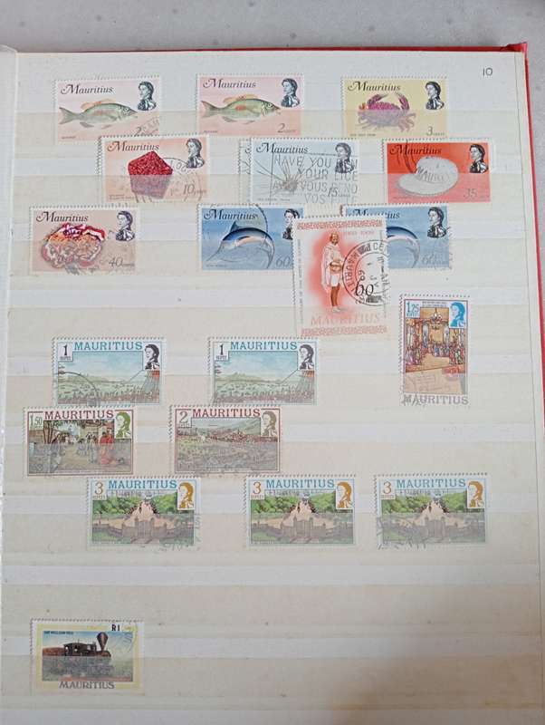 MAURITIUS AND SEYCHELLES IN A STOCK BOOK-MANY EARLY USEFUL,KGVI SEYCHELLES HAS TONING -CONDITION ISS