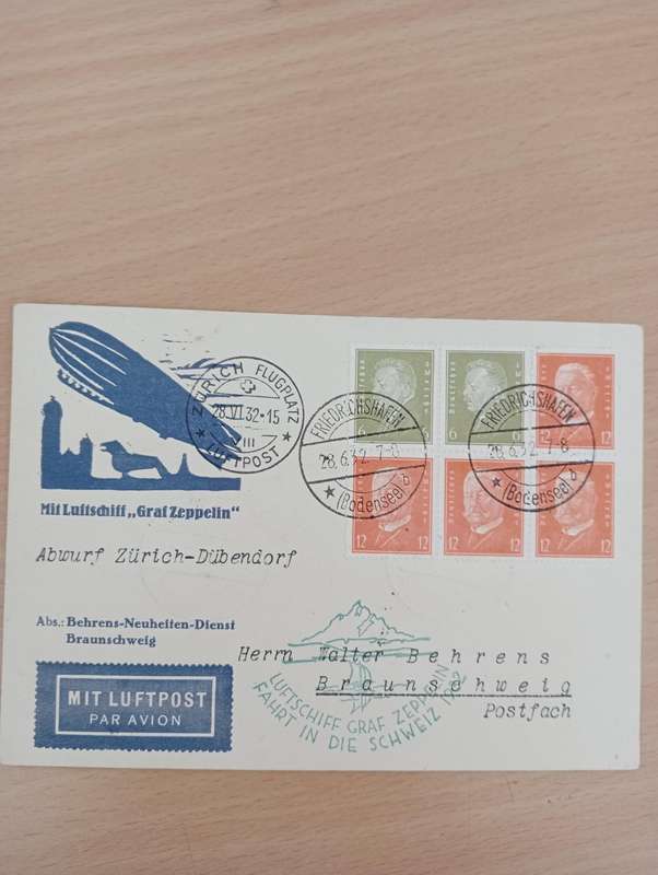 LOVELY VERY SCARCE  " ZEPPELIN CARD " 1932 WITH SETENANT BLOCKS AND PAIRS TO BRAUNSCHWEIG