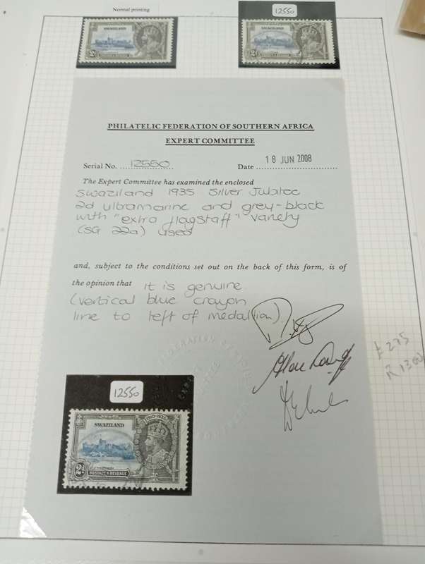 SWAZILAND-1935 VERY SCARCE " EXTRA FLAGSTAFF " with TICKET very fine used CLEAR FLAW !! R6600.00