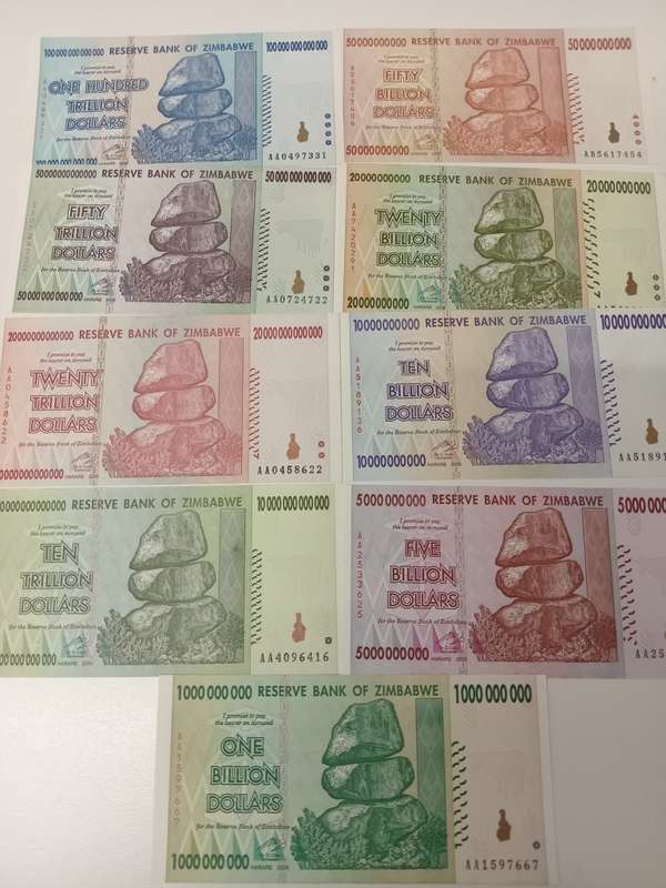 ZIMBABWE-THE VERY SCARCE SET OF AA PREFIX NOTES TO 100 TRILLION DOLLARS
