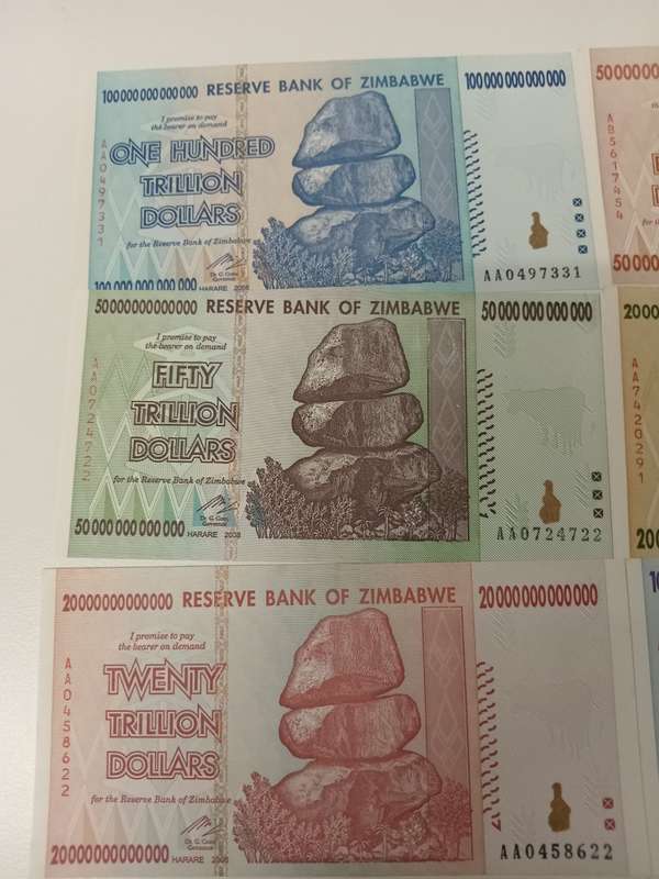 ZIMBABWE-THE VERY SCARCE SET OF AA PREFIX NOTES TO 100 TRILLION DOLLARS
