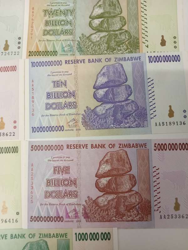ZIMBABWE-THE VERY SCARCE SET OF AA PREFIX NOTES TO 100 TRILLION DOLLARS