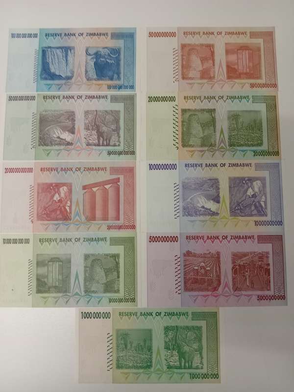 ZIMBABWE-THE VERY SCARCE SET OF AA PREFIX NOTES TO 100 TRILLION DOLLARS
