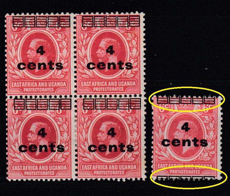 KUT- SG64 VERY SCARCE VFM BLOCK H.R. " WITH LINE OVER t " AND OVPT SHIFT