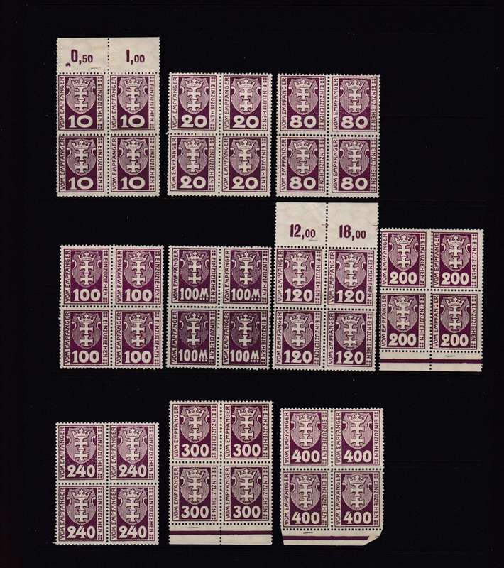 DANZIG-LOVELY MINT/UMM BLOCKS -PLATE FLAWS INDICATED IN MARGINS