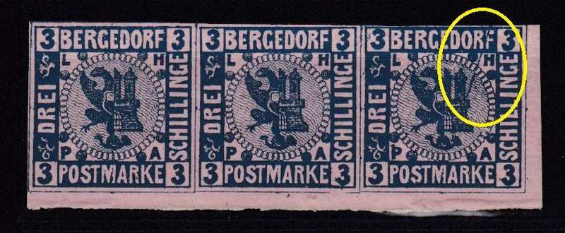 BERGDORF 1861 EXTREMELY RARE STRIP LAST STAMP SHOWS STUNNING PRINTERS FLAW !!!