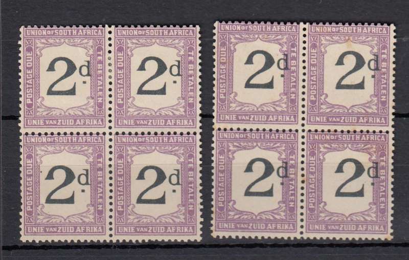 UNION-POSTAGE DUES  2d BLOCKS ONE SHOWING  " SHIFT OF VALUE " SOME TONE SPOTTING