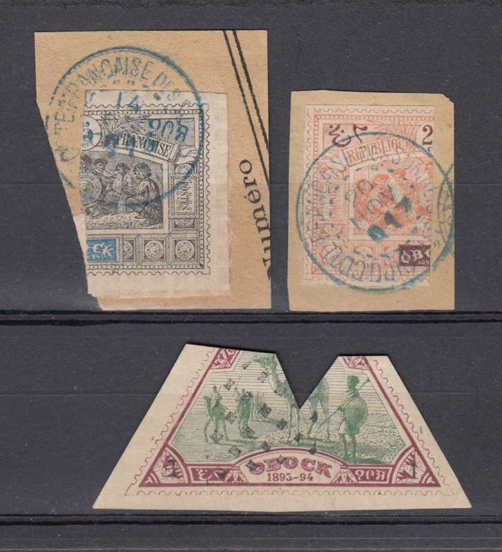 FRENCH OBOCK A VERY SCARCE BISECTED LOT ON PIECE-FULL CANCELS ETC