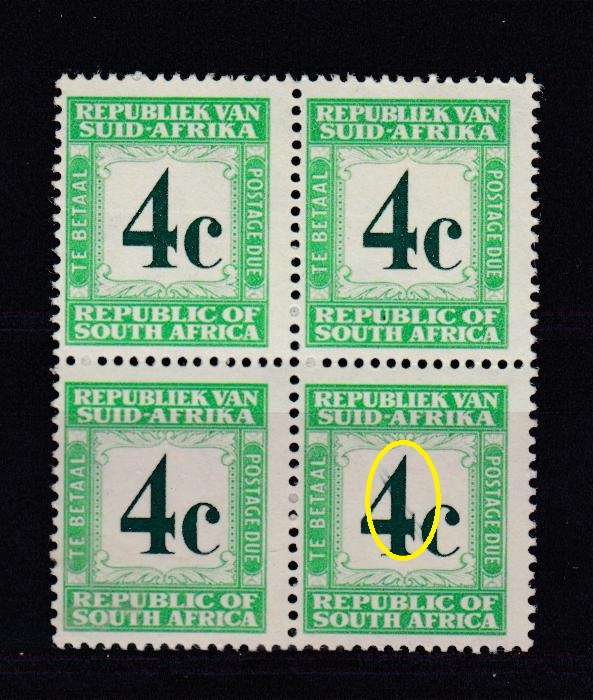 RSA-POSTAGE DUE BLOCK 4c SCARCE PERF 14 X 15   SUPERB UMM  BLOCK WITH FLAW  R1000.00+
