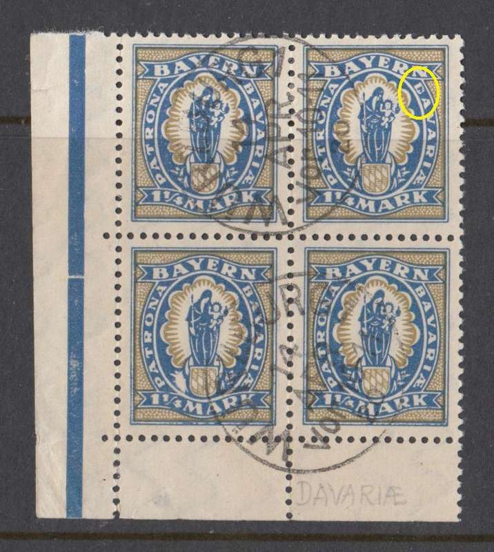 BAVARIA-  SCARCE SUPERB USED BLOCK SHOWING " CONSTANT FLAW D FOR B  "