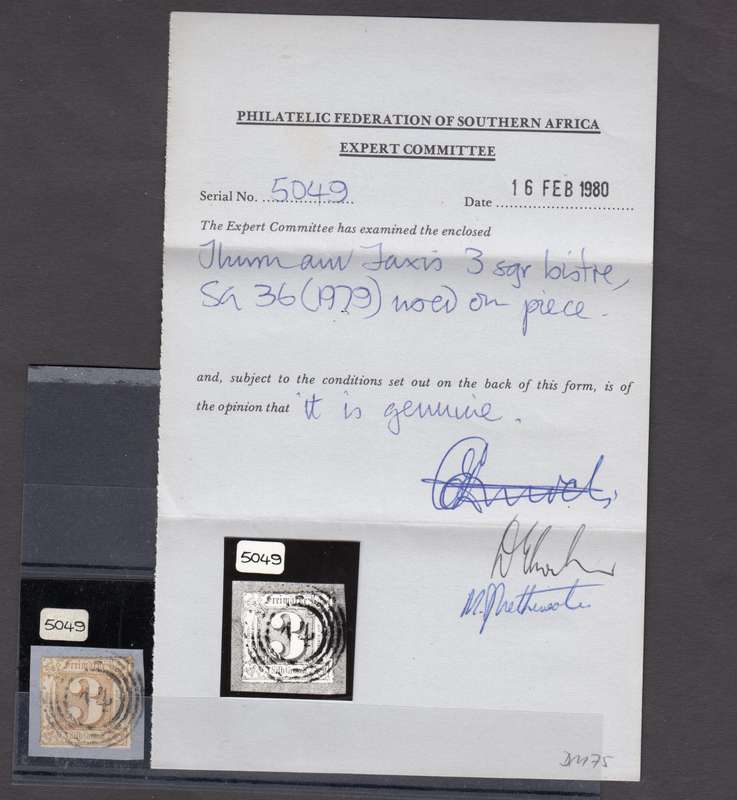 THURN & TAXIS LOVELY SG 39 WITH CERTIFICATE ON PIECE-UNUSUAL DATE ERROR ON CERT 1979 SHOULD BE,1879