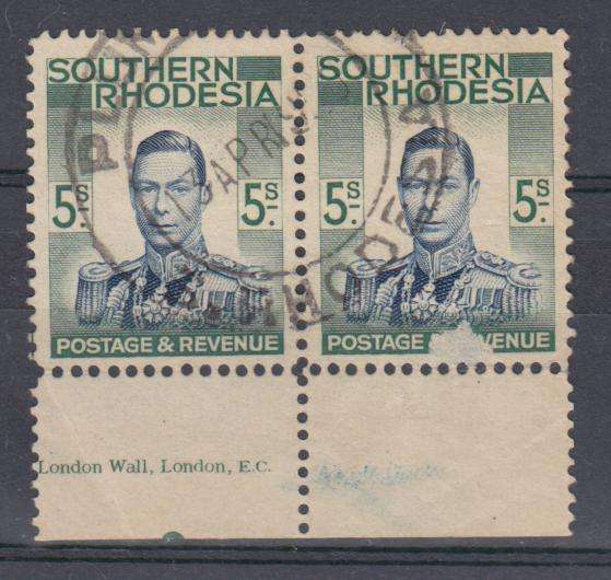 S.RHODESIA SCARCE KGVI 5 SHILLING PART IMPRINT PAIR-RUB