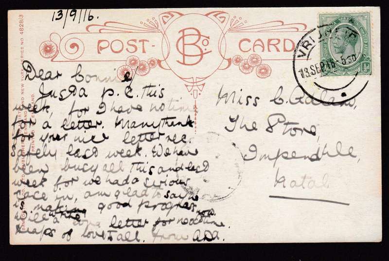 UNION-1916 LOVELY CARD TO IMPENDHLE USED VRYHEID  SEE BELOW