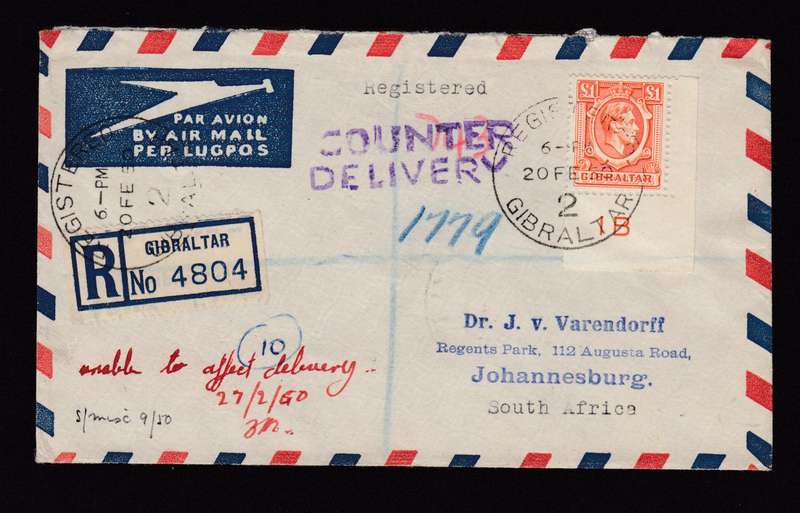 GIBRALTAR-KGVI POUND VERY SCARCE PLATE SINGLE USED ON COVER-SEE BELOW 58 POUNDS X 3 !!!